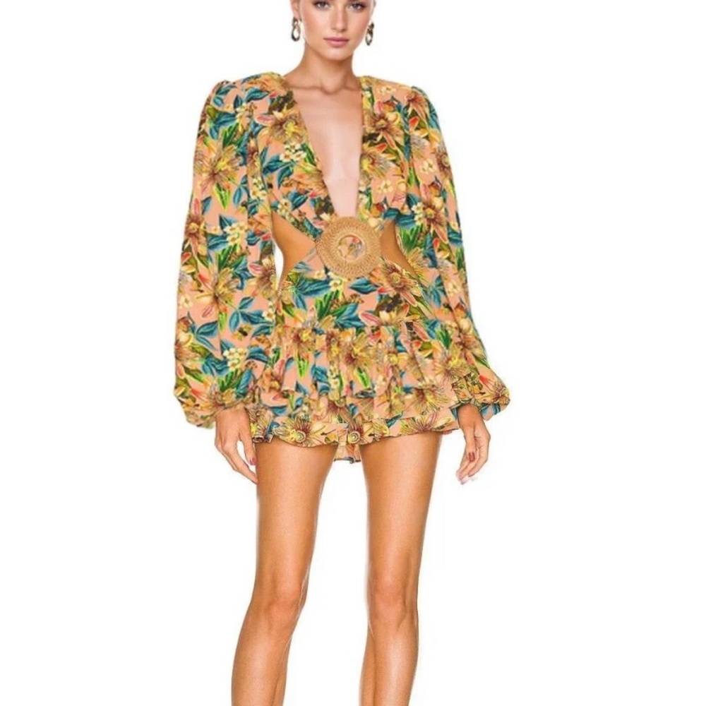 Bronx and Banco Yellow Floral Plunge Mini Dress